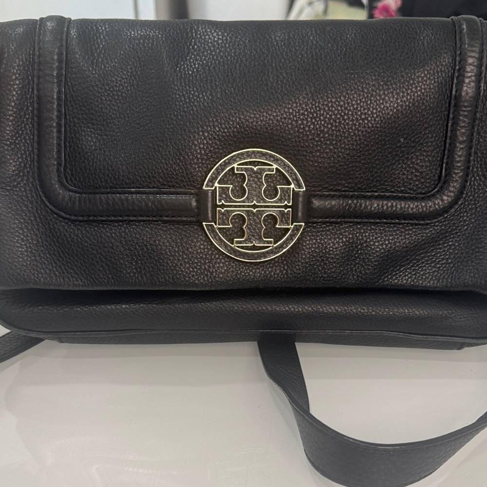 Tory Burch Amanda Black Pebbled Leather Flap Crossbody with Gold Logo